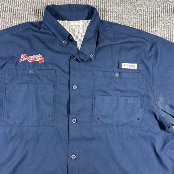 Columbia Shirt Men's XL PFG Atlanta Braves Short Sleeve Fishing Baseball Navy - Picture 2 of 7